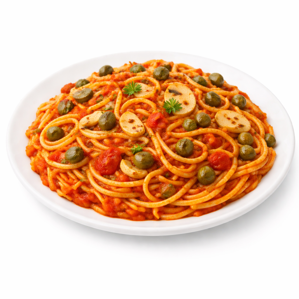 Spaghetti Capri Vegan mit Kapern, Knoblauch und Tomatensauce