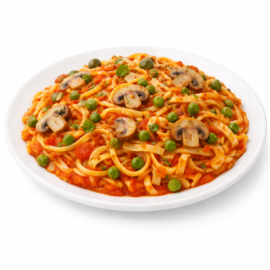 Tagliatelle Pilze Vegan mit Pilze, Zwiebeln, Erbsen und Tomatensauce