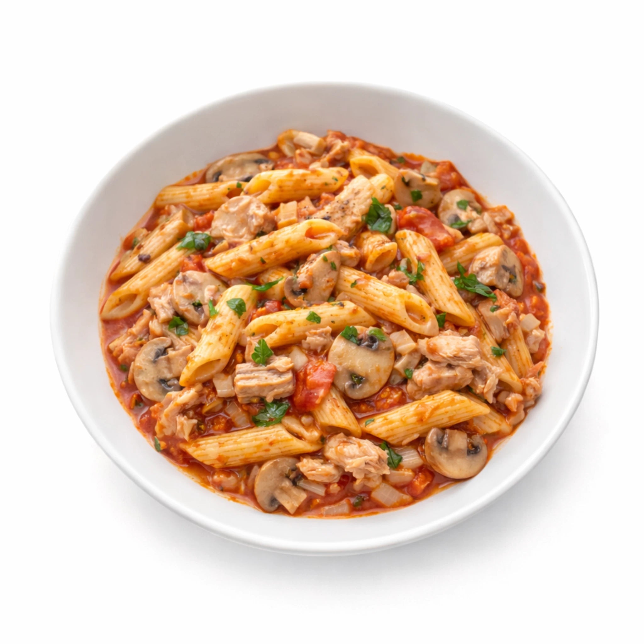 Penne Tonno mit Thunfisch, Champignons, Zwiebeln und Tomatensauce