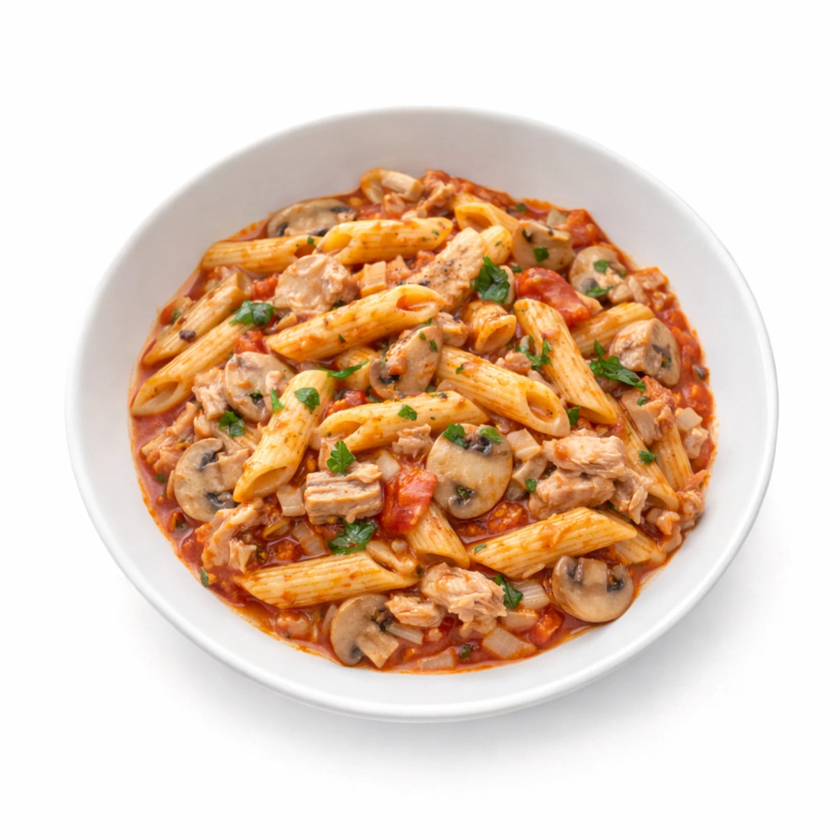 Penne Tonno mit Thunfisch, Champignons, Zwiebeln und Tomatensauce